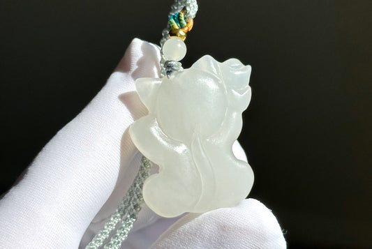 Certified Natural White Nephrite Jade Fortune Cat Pendant, Jade Maneki-Neko Pendant, 天然和田白玉招财猫吊坠