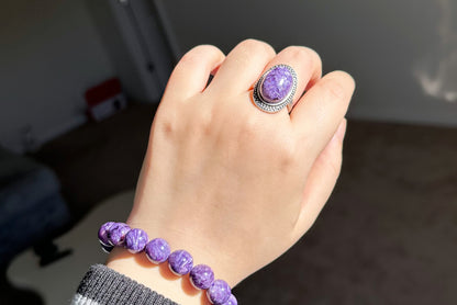 Natural Top Grade Charoite Silver Ring, Purple Charoite with best looking swirls patterns, Natural Charoite Ring, 天然收藏级俄罗斯紫龙晶纯银戒指