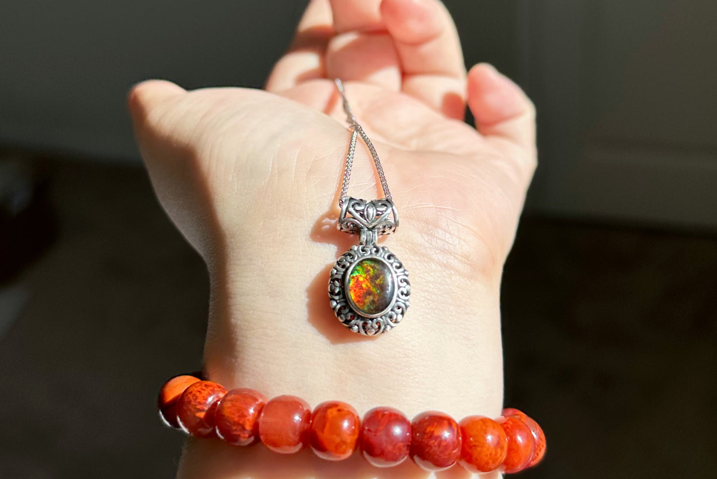 8x10, Natural High Grade Ammolite Stone Pendant Necklace, 925 Sterling Silver, Canada Natural Ammolite Pendant, 天然无拼接斑彩螺化石纯银吊坠