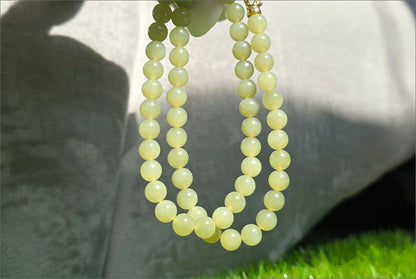 8mm, Certified Natural High Quality Greenish-Yellow Nephrite Jade Bead Necklace, 天然高品质青黄口和田玉项链