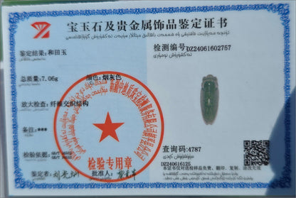 Certified Natural Emerald Green in Rich Smoky Purple Nephrite Jade Carved Cicada pendant, 天然浓烟紫带翠和田玉雕刻一鸣惊人(蝉)吊坠
