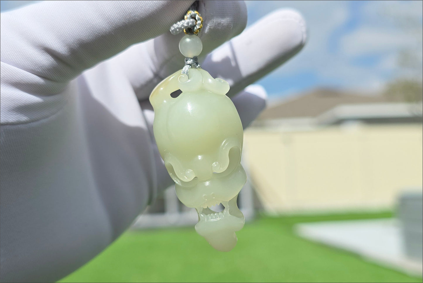 Certified Natural Qiemo Warm White Nephrite Jade Hand-Carved Skull Pendant, 天然且末白和田玉手工雕刻骷髅吊坠