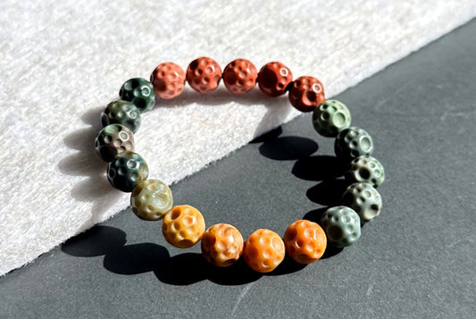 10mm+, Certified Natural Old Mine Alxa Onyx Carved Planet Beads Bracelet, Natural Alashan Rocks Bracelet, Agate 天然老矿阿拉善彩玉星球手串
