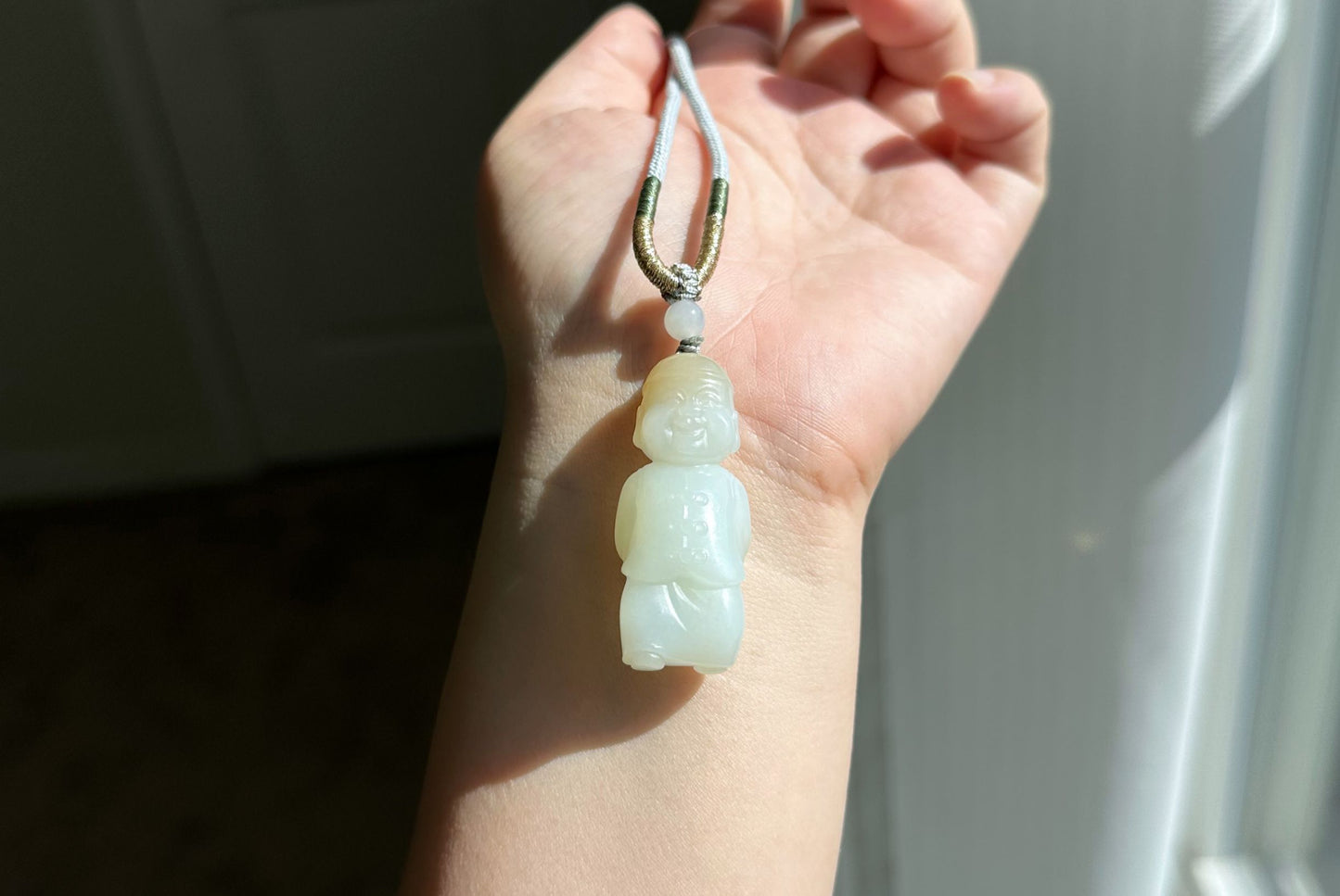 Certified Natural Russian White Nephrite Jade Hand Carved Little Wealth Bringer Pendant, 天然俄料和田白玉带糖手工雕刻小地主吊坠