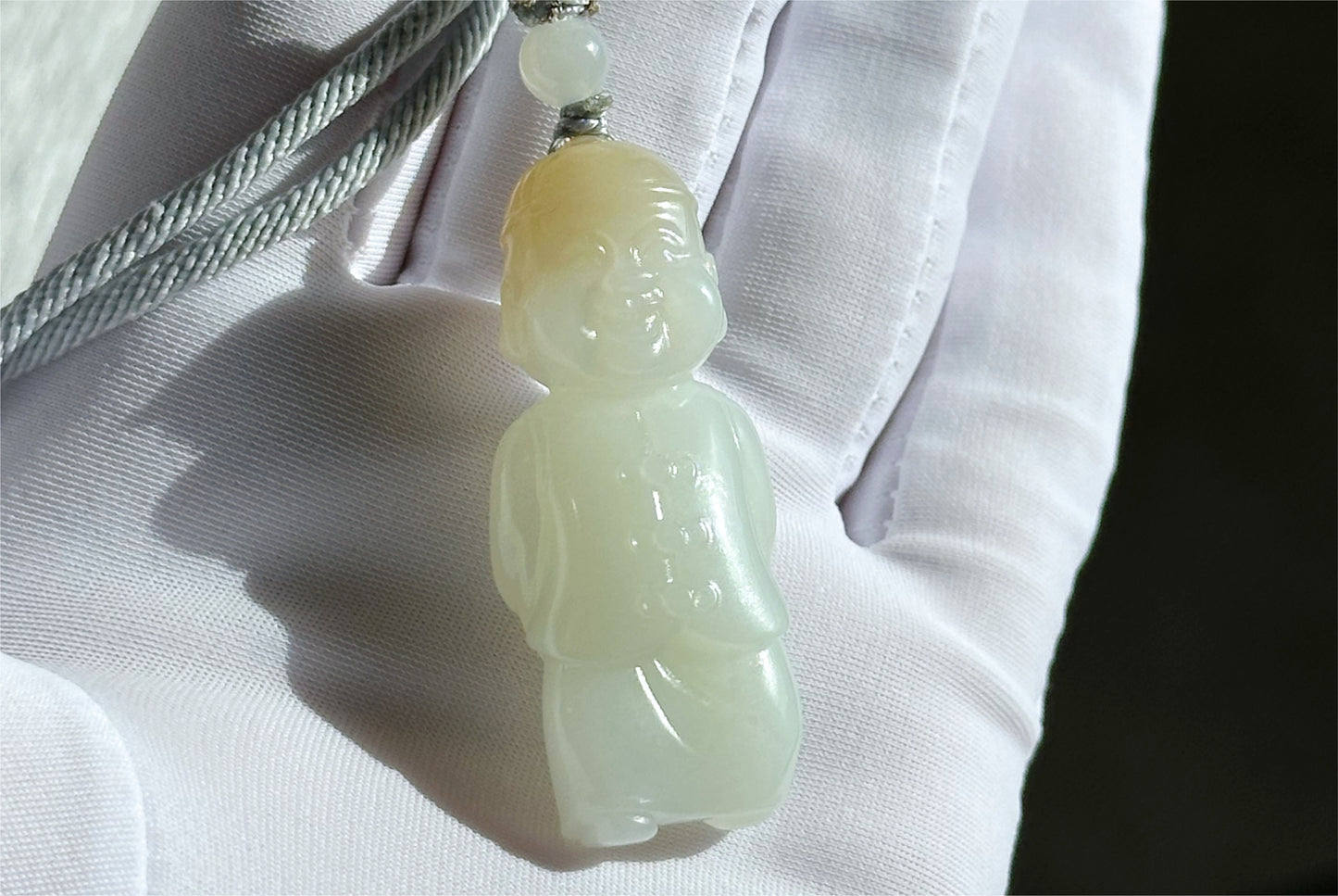 Certified Natural Russian White Nephrite Jade Hand Carved Little Wealth Bringer Pendant, 天然俄料和田白玉带糖手工雕刻小地主吊坠
