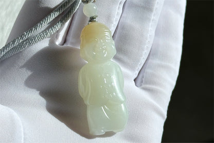 Certified Natural Russian White Nephrite Jade Hand Carved Little Wealth Bringer Pendant, 天然俄料和田白玉带糖手工雕刻小地主吊坠