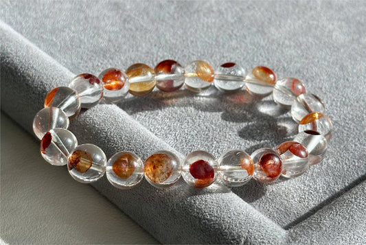 9.5mm+, Certified Natural Red and Yellow Hematoid Quartz Bracelet, golden healer and fire quartz bracelet, 天然玻璃体红黄胶花水晶手串