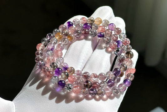 6.5mm+, Certified Natural High Grade Super Seven three wraps Bracelet, Super 7 Quartz Beads Bracelet, 天然超七水晶三圈手串