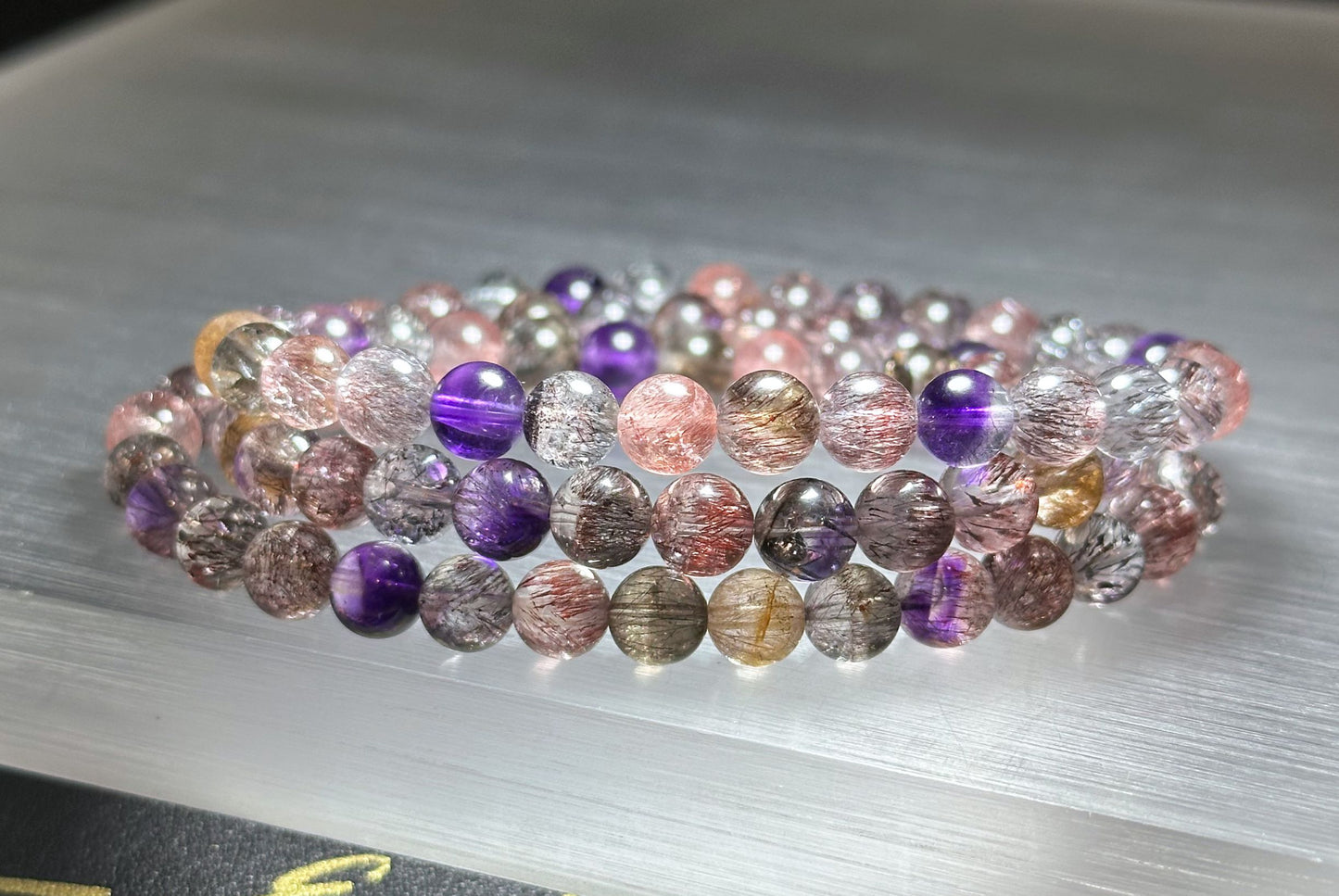 6.5mm+, Certified Natural High Grade Super Seven three wraps Bracelet, Super 7 Quartz Beads Bracelet, 天然超七水晶三圈手串