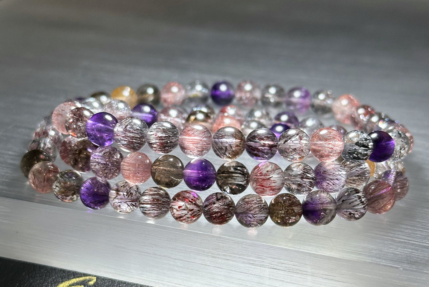 6.5mm+, Certified Natural High Grade Super Seven three wraps Bracelet, Super 7 Quartz Beads Bracelet, 天然超七水晶三圈手串