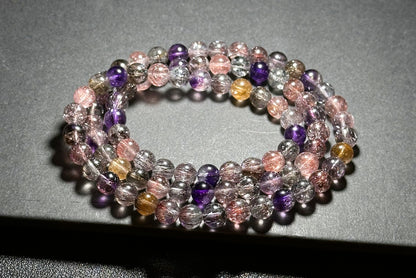 6.5mm+, Certified Natural High Grade Super Seven three wraps Bracelet, Super 7 Quartz Beads Bracelet, 天然超七水晶三圈手串