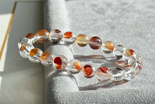 9.5mm+, Certified Natural Red and Yellow Hematoid Quartz Bracelet, golden healer and fire quartz bracelet, 天然玻璃体红黄胶花水晶手串