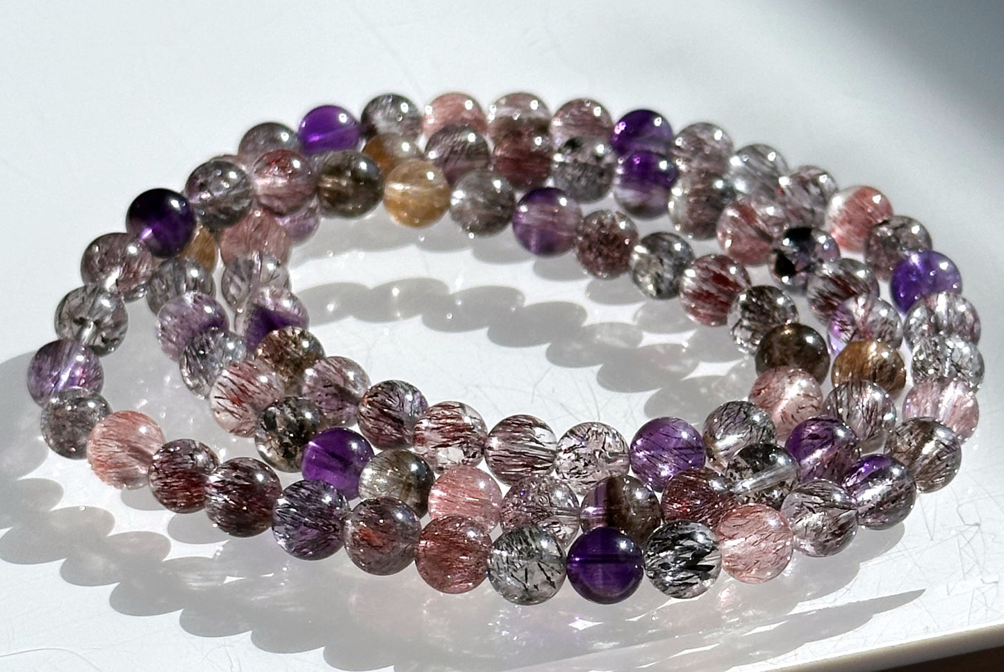 6.5mm+, Certified Natural High Grade Super Seven three wraps Bracelet, Super 7 Quartz Beads Bracelet, 天然超七水晶三圈手串