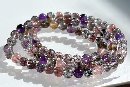 6.5mm+, Certified Natural High Grade Super Seven three wraps Bracelet, Super 7 Quartz Beads Bracelet, 天然超七水晶三圈手串