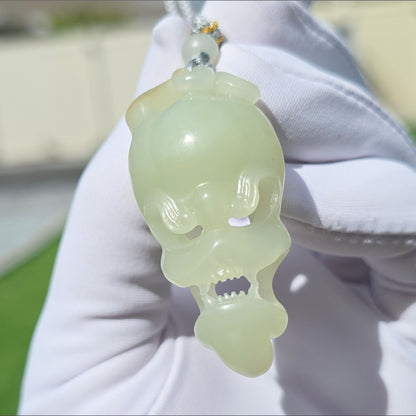 Certified Natural Qiemo Warm White Nephrite Jade Hand-Carved Skull Pendant, 天然且末白和田玉手工雕刻骷髅吊坠