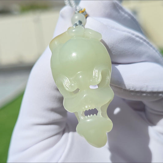 Certified Natural Qiemo Warm White Nephrite Jade Hand-Carved Skull Pendant, 天然且末白和田玉手工雕刻骷髅吊坠