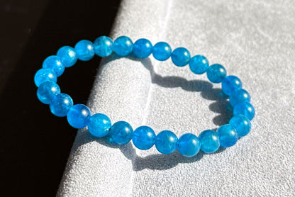 7.5mm, Certified Natural High Clarity Rich Deep Blue Apatite Bracelet, Natural Untreated Shimmering Blue Apatite Bracelet, AAA, 天然浓郁色蓝磷灰石手串