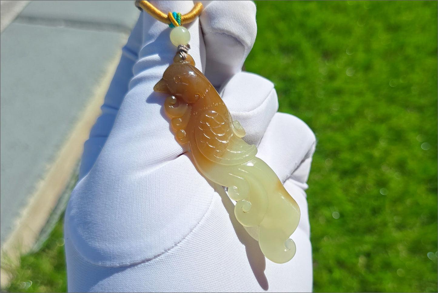 Certified Natural Sugar Brown and Yellow Nephrite Jade Hand-Carved Phoenix Pendant, 天然若羌黄口带糖手工雕刻凤凰吊坠