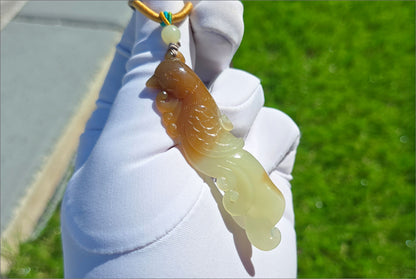 Certified Natural Sugar Brown and Yellow Nephrite Jade Hand-Carved Phoenix Pendant, 天然若羌黄口带糖手工雕刻凤凰吊坠