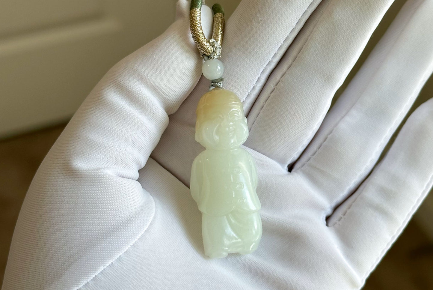 Certified Natural Russian White Nephrite Jade Hand Carved Little Wealth Bringer Pendant, 天然俄料和田白玉带糖手工雕刻小地主吊坠