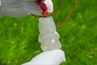 Certified Natural Smoky Gray Nephrite Jade Carved Lion Dance Pendant, 天然浅烟紫和田玉雕刻醒狮吊坠