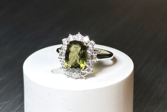 7x10, 3A Genuine Moldavite Tektite Ring, 925 Sterling Silver, Czech Rep Faceted Moldavite Ring, Real Moldavite, 天然宝石级捷克陨石纯银戒指