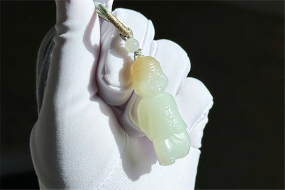 Certified Natural Russian White Nephrite Jade Hand Carved Little Wealth Bringer Pendant, 天然俄料和田白玉带糖手工雕刻小地主吊坠