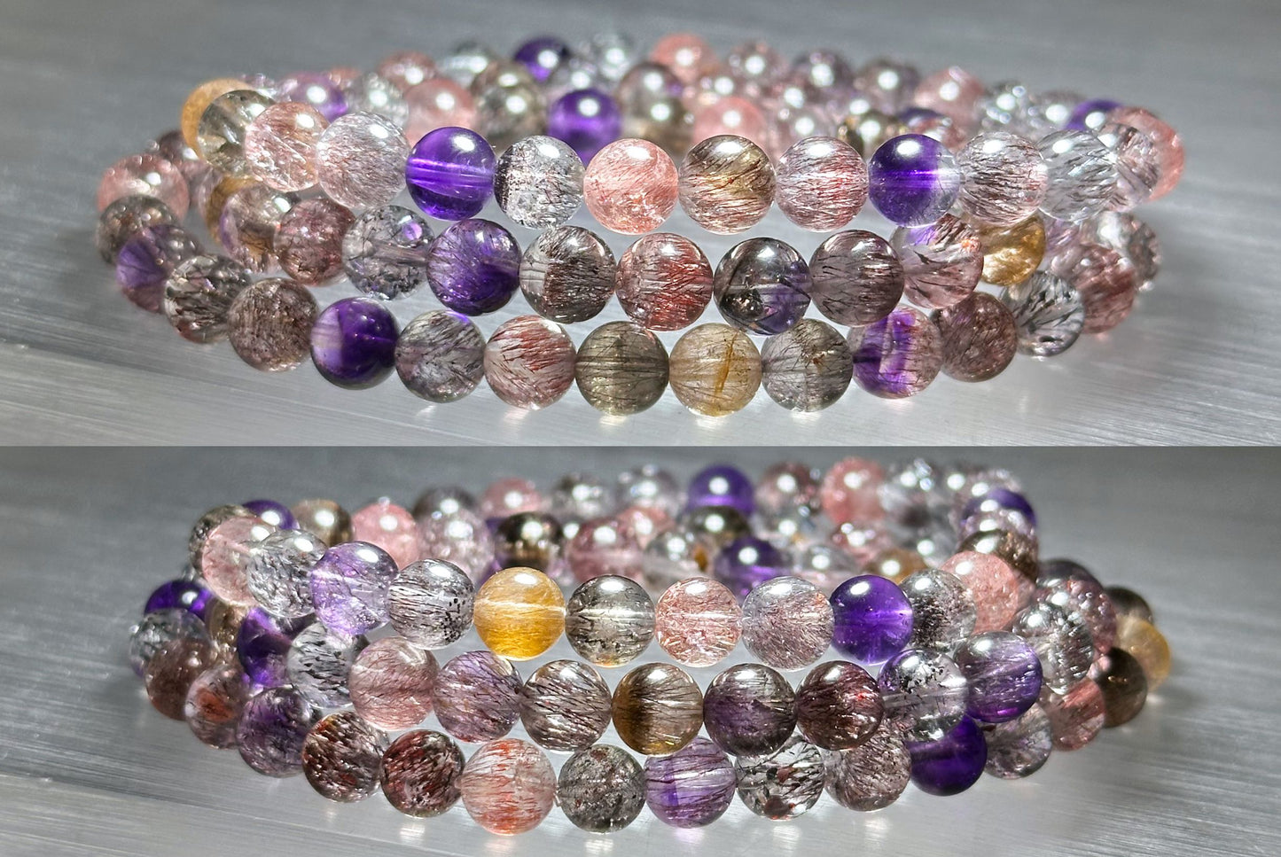 6.5mm+, Certified Natural High Grade Super Seven three wraps Bracelet, Super 7 Quartz Beads Bracelet, 天然超七水晶三圈手串