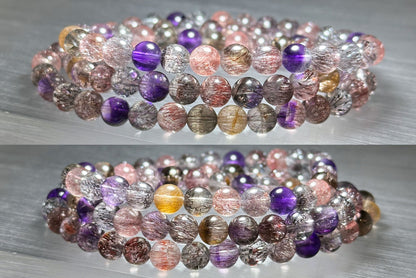 6.5mm+, Certified Natural High Grade Super Seven three wraps Bracelet, Super 7 Quartz Beads Bracelet, 天然超七水晶三圈手串