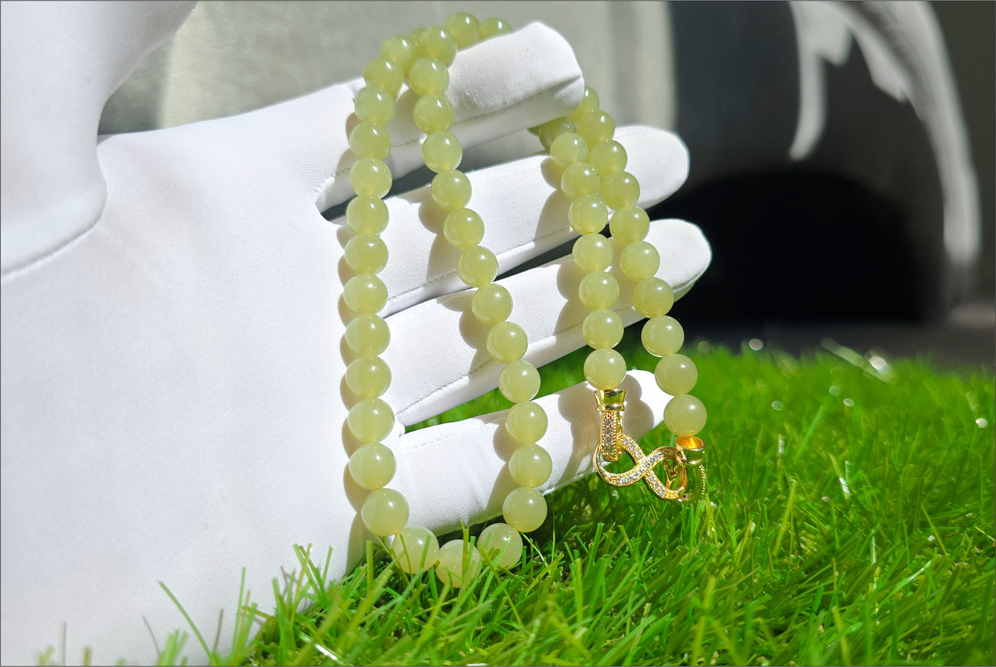 8mm, Certified Natural High Quality Greenish-Yellow Nephrite Jade Bead Necklace, 天然高品质青黄口和田玉项链