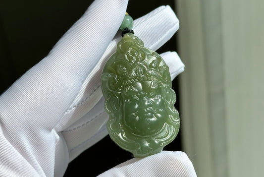 Certified Natural Lake-Green Nephrite Jade Carved Yellow Jambhala Pendant, 天然青海老料湖水绿雕刻黄财神头吊坠