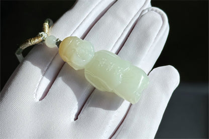 Certified Natural Russian White Nephrite Jade Hand Carved Little Wealth Bringer Pendant, 天然俄料和田白玉带糖手工雕刻小地主吊坠