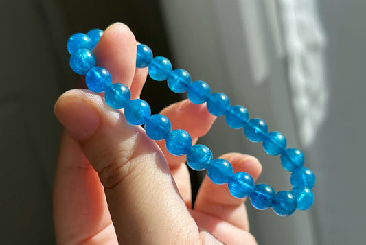 7.5mm, Certified Natural High Clarity Rich Deep Blue Apatite Bracelet, Natural Untreated Shimmering Blue Apatite Bracelet, AAA, 天然浓郁色蓝磷灰石手串