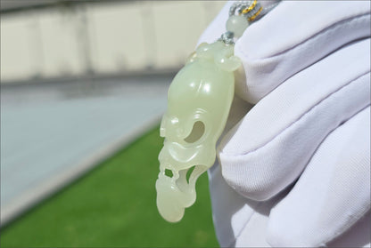 Certified Natural Qiemo Warm White Nephrite Jade Hand-Carved Skull Pendant, 天然且末白和田玉手工雕刻骷髅吊坠