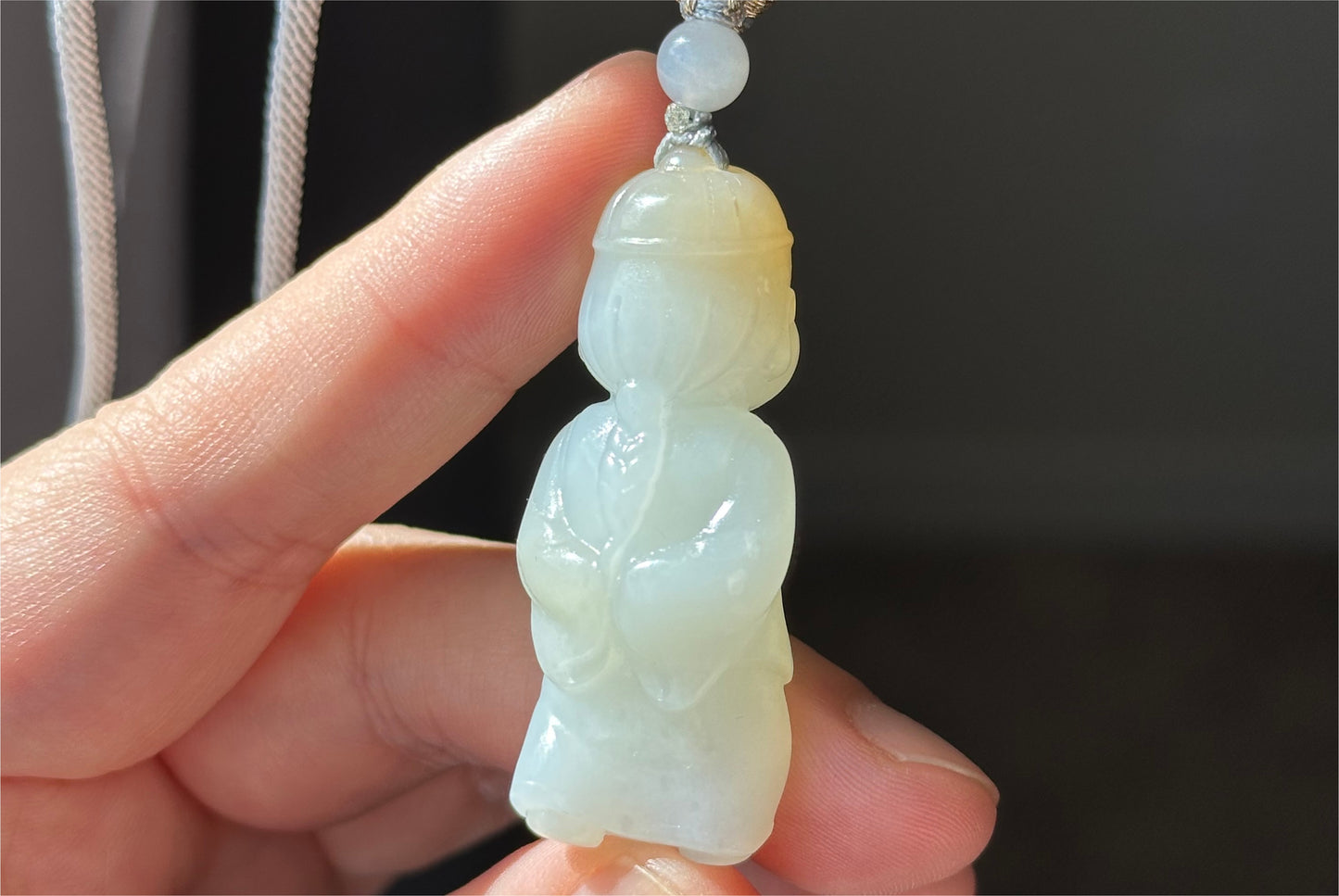 Certified Natural Russian White Nephrite Jade Hand Carved Little Wealth Bringer Pendant, 天然俄料和田白玉带糖手工雕刻小地主吊坠