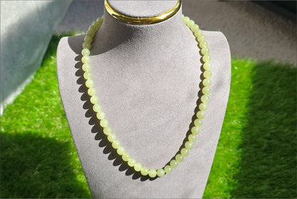 8mm, Certified Natural High Quality Greenish-Yellow Nephrite Jade Bead Necklace, 天然高品质青黄口和田玉项链