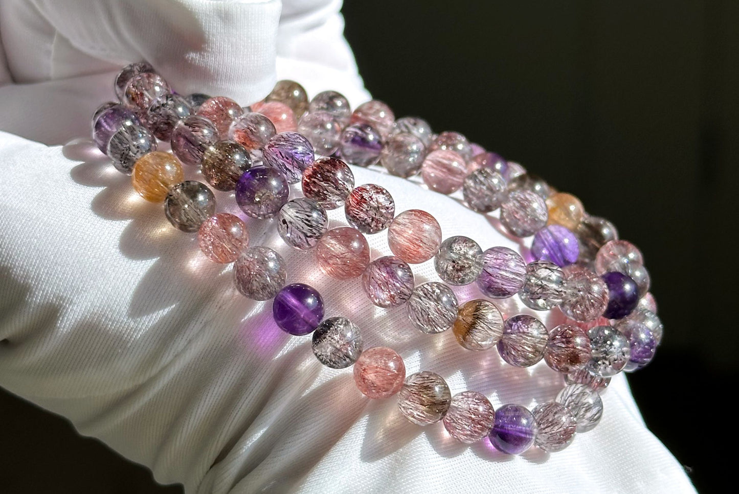 6.5mm+, Certified Natural High Grade Super Seven three wraps Bracelet, Super 7 Quartz Beads Bracelet, 天然超七水晶三圈手串