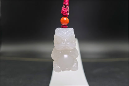 Certified Natural Smoky Gray Nephrite Jade Carved Lion Dance Pendant, 天然浅烟紫和田玉雕刻醒狮吊坠