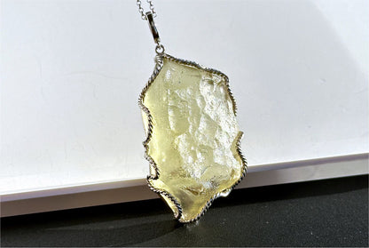 27.785Grams, Natural Authentic Libyan Desert Glass Tektite Silver Wrapped Pendant, Raw Libyan Desert Glass Pendant, 天然利比亚黄金陨石原石吊坠