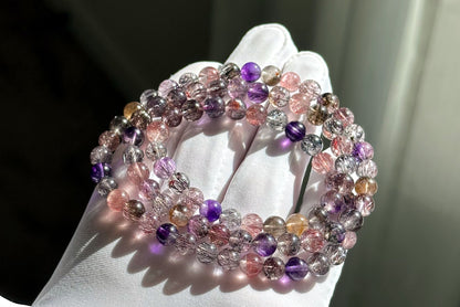6.5mm+, Certified Natural High Grade Super Seven three wraps Bracelet, Super 7 Quartz Beads Bracelet, 天然超七水晶三圈手串