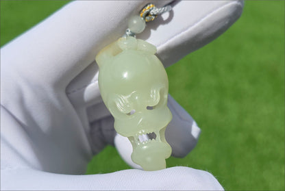 Certified Natural Qiemo Warm White Nephrite Jade Hand-Carved Skull Pendant, 天然且末白和田玉手工雕刻骷髅吊坠