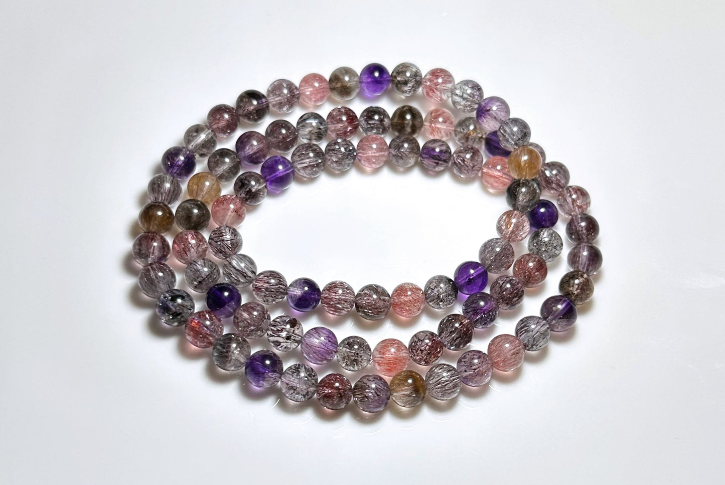 6.5mm+, Certified Natural High Grade Super Seven three wraps Bracelet, Super 7 Quartz Beads Bracelet, 天然超七水晶三圈手串