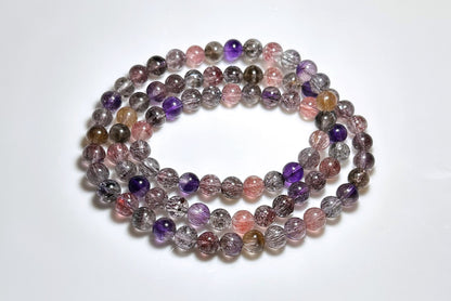 6.5mm+, Certified Natural High Grade Super Seven three wraps Bracelet, Super 7 Quartz Beads Bracelet, 天然超七水晶三圈手串