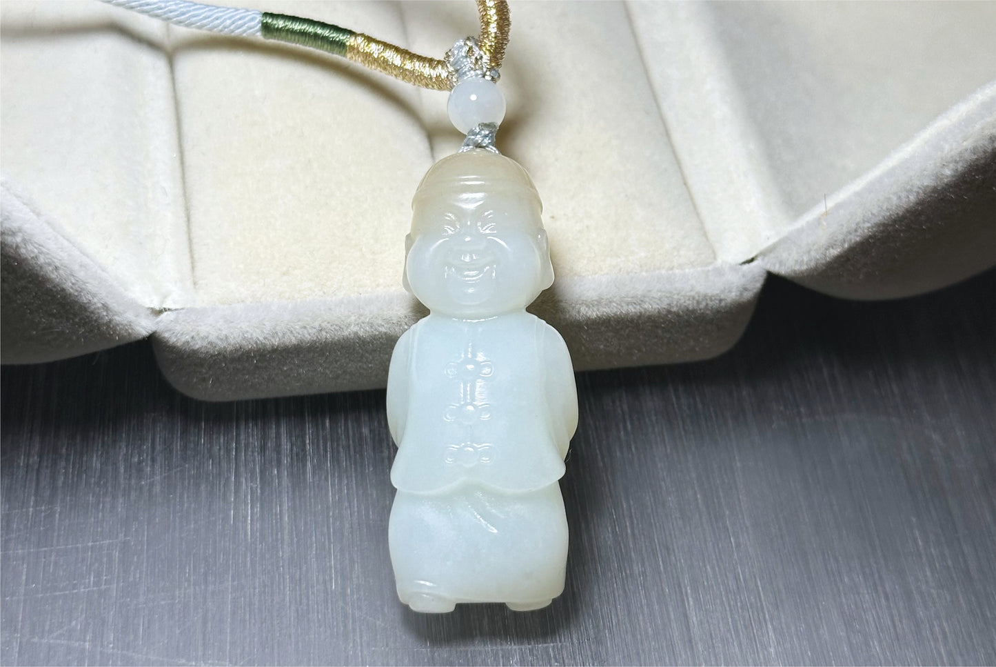 Certified Natural Russian White Nephrite Jade Hand Carved Little Wealth Bringer Pendant, 天然俄料和田白玉带糖手工雕刻小地主吊坠