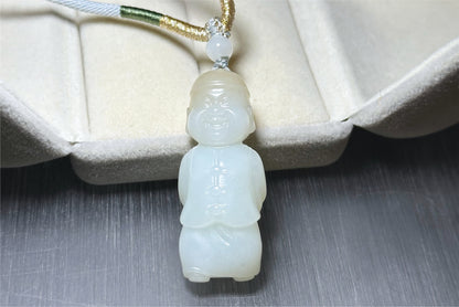 Certified Natural Russian White Nephrite Jade Hand Carved Little Wealth Bringer Pendant, 天然俄料和田白玉带糖手工雕刻小地主吊坠