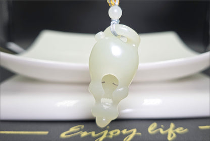 Certified Natural Qiemo Warm White Nephrite Jade Hand-Carved Skull Pendant, 天然且末白和田玉手工雕刻骷髅吊坠