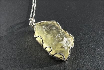 27.785Grams, Natural Authentic Libyan Desert Glass Tektite Silver Wrapped Pendant, Raw Libyan Desert Glass Pendant, 天然利比亚黄金陨石原石吊坠