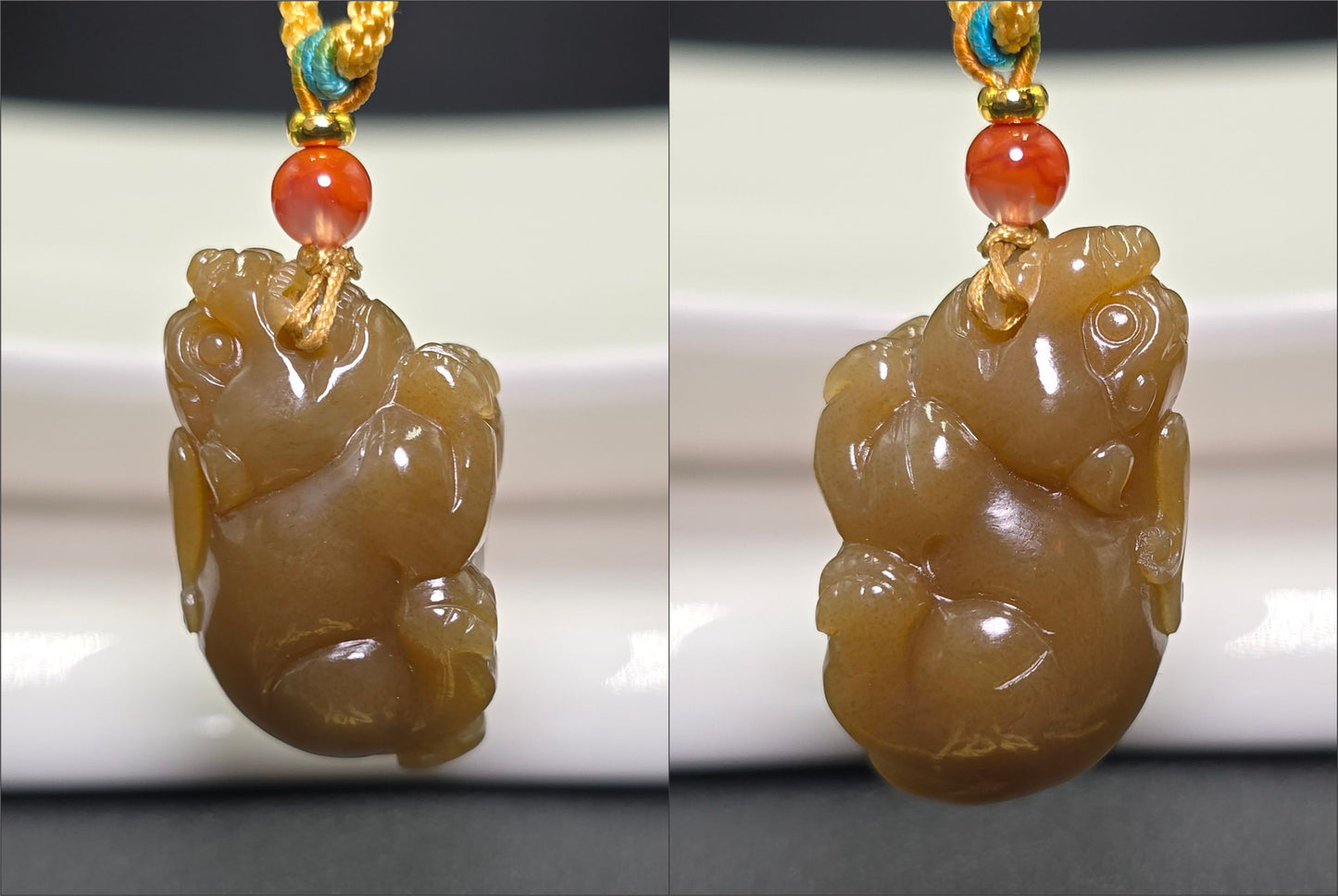 Certified Natural Yellow Sugar Nephrite Jade Hand-Carved Pixiu Pendant, 天然且末黄糖和田玉手工雕刻貔貅吊坠
