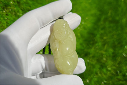 Certified Natural High-Quality Ruoqiang Yellow Nephrite Jade Hand-Carved God of Wealth Pendant, 天然若羌黄口手工雕刻财神吊坠