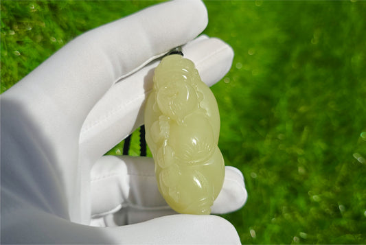 Certified Natural High-Quality Ruoqiang Yellow Nephrite Jade Hand-Carved God of Wealth Pendant, 天然若羌黄口手工雕刻财神吊坠